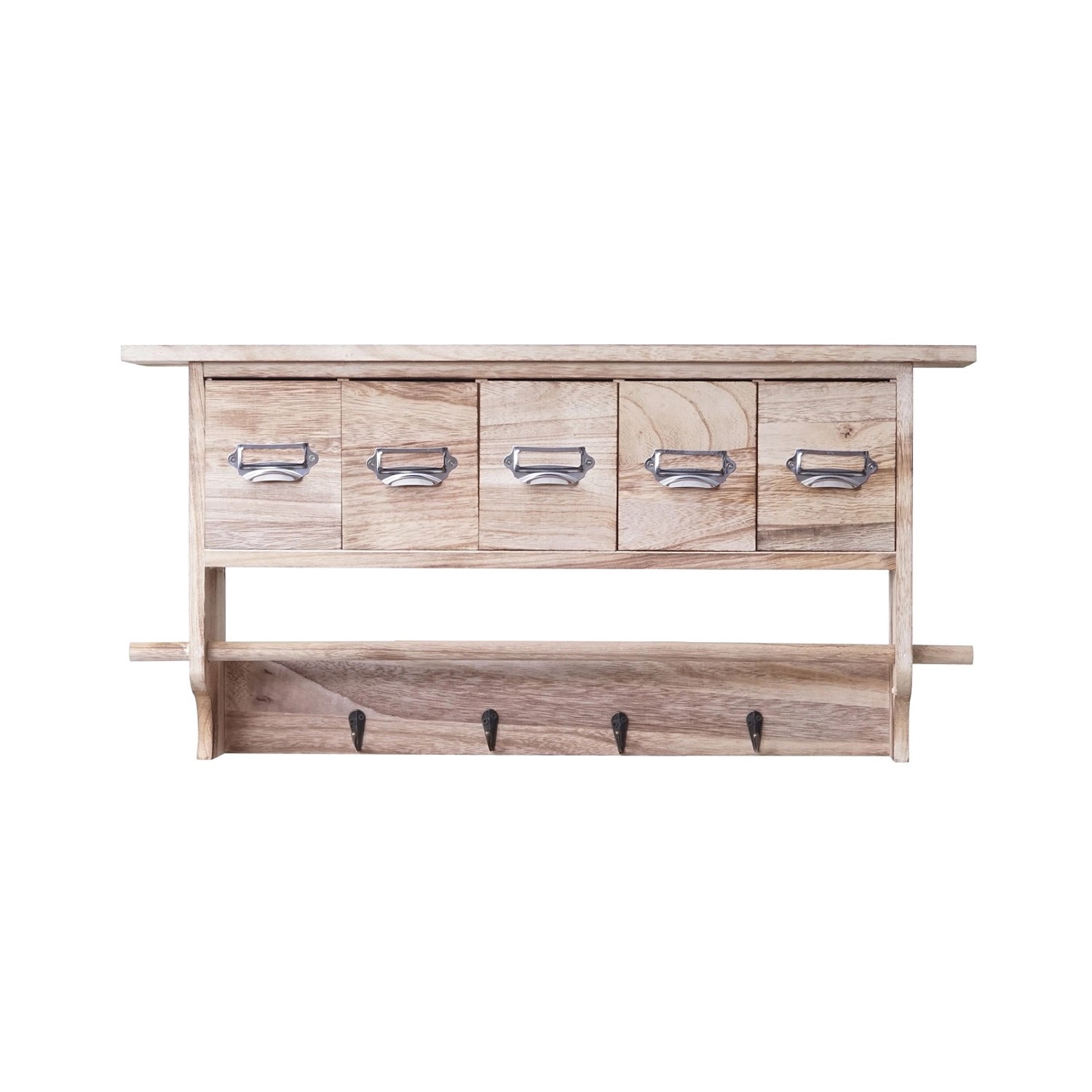 Naturfarbenes MCW Küchenregal mit 5 Schubladen, Haken und Stange aus Paulowniaholz.