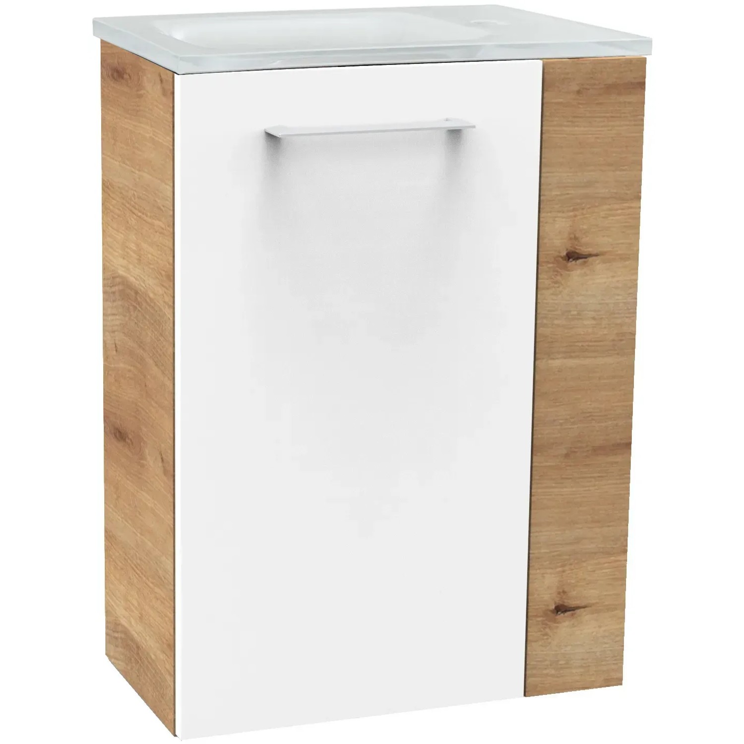 Fackelmann Waschbeckenunterschrank SBC Asteiche, 44 cm breit, mit weißer Front und Griff.