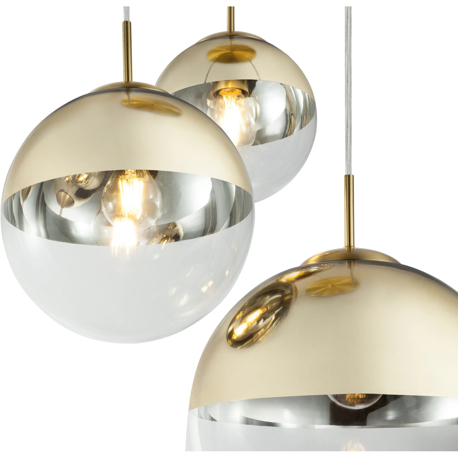 Moderne, goldfarbige Globo Pendelleuchte Varus mit drei Glasschirmen.