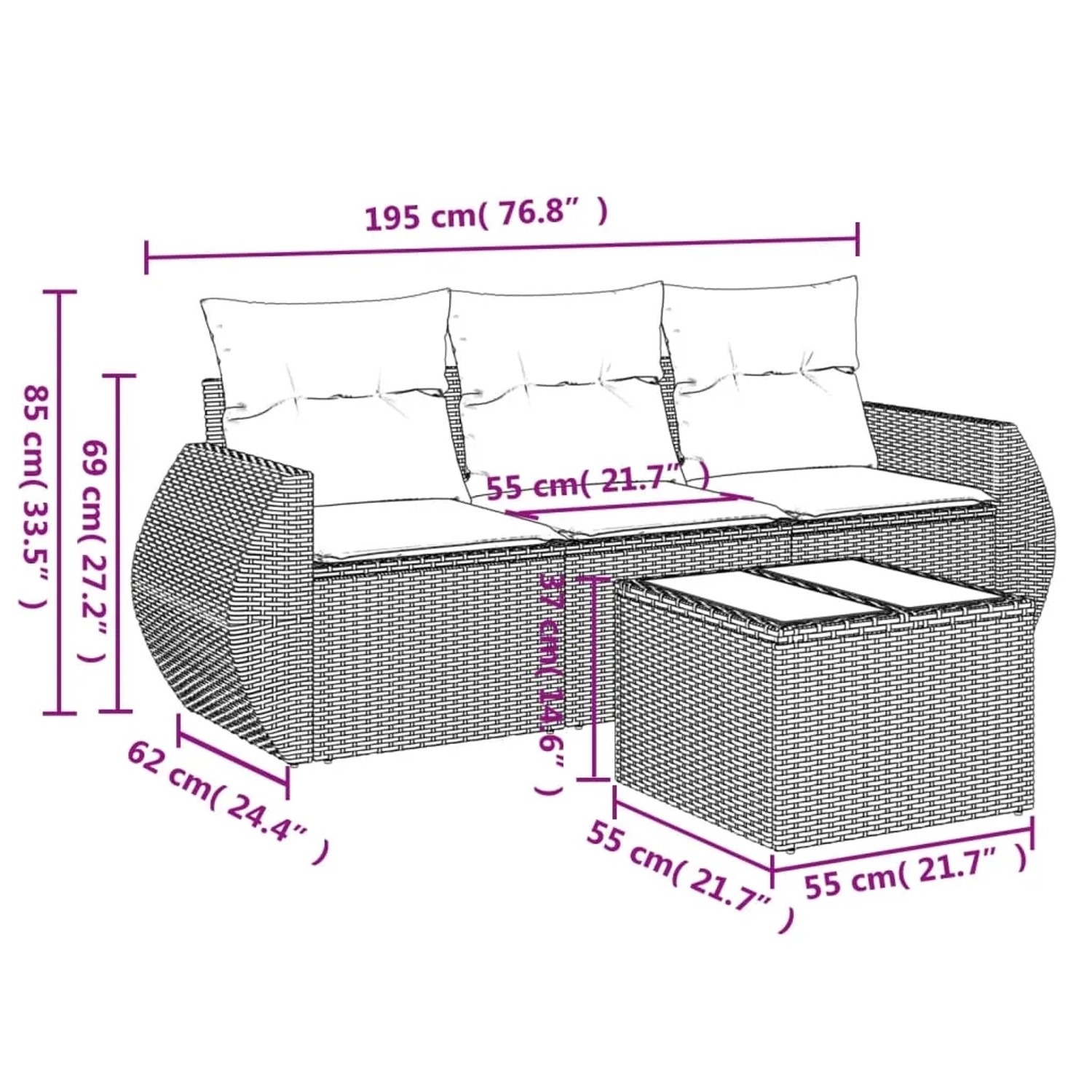 Hellgraue 4-tlg. Garten-Sofagarnitur aus Polyrattan mit Kissen und Tisch. Gartenmöbel für Terrasse und Garten.