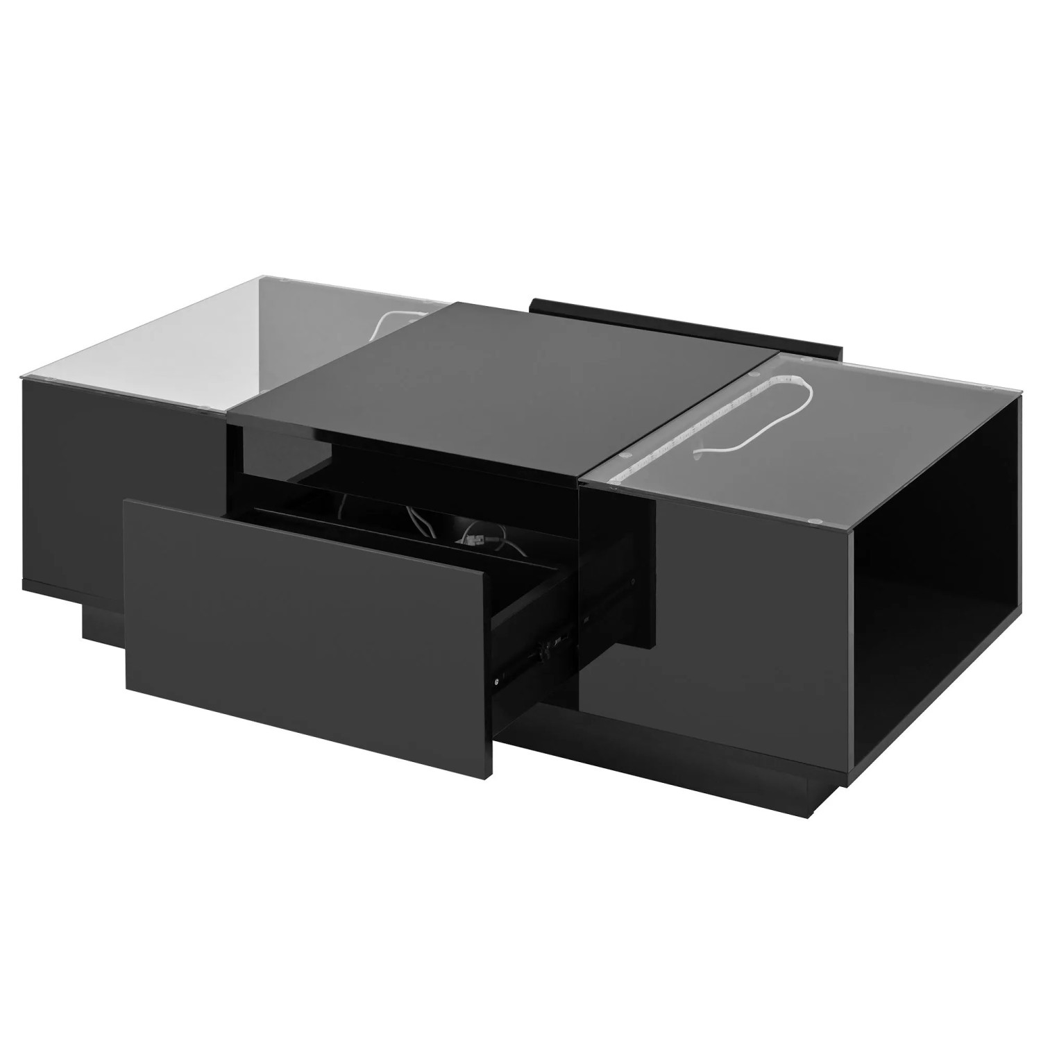 Okwish Couchtisch Mit Stauraum/Led/Glasplatte/2 Schubladen Wohnzimmertisch 105 × 50 Cm Schwarz