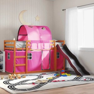 vidaXL Etagenbett mit Rutsche und rosa Gardinen, 90x200 cm. Abenteuerbett für Kinder.
