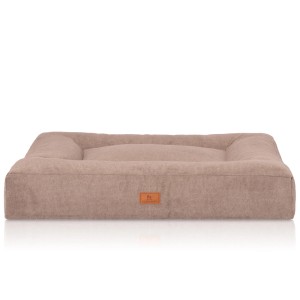 Beiges Knuffelwuff Hundebett Sofia, orthopädisches Velours Hundekörbchen, 80x60cm.