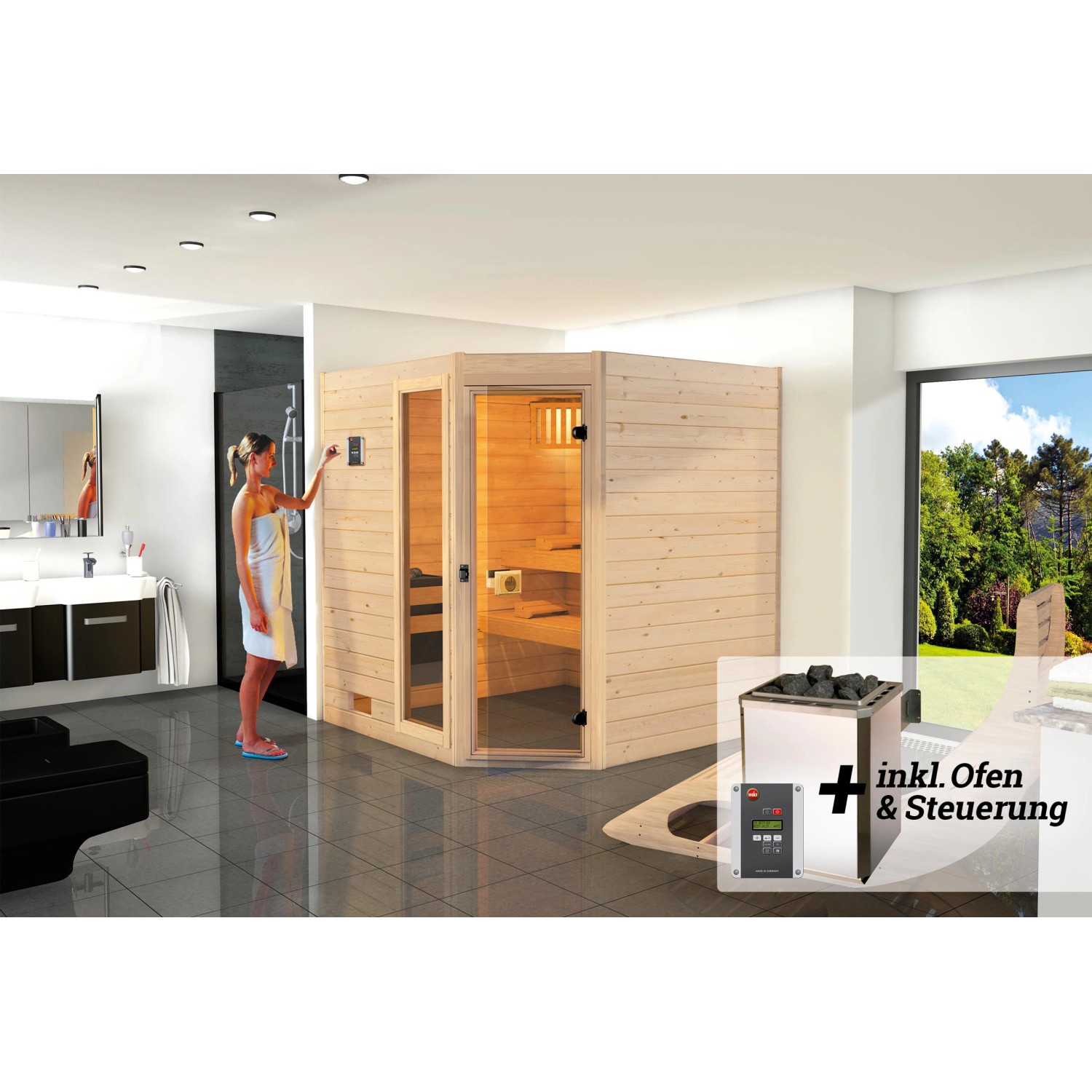 Weka Massivholz-Sauna Valida Eck 1.8 Sparset 7,5kW OS digi. Strg Glastür Fenster