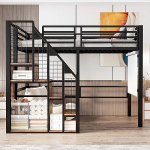 Schwarzes Metall-Hochbett 90x200cm mit integrierter Treppe, Ablagen und freiem Platz darunter.
