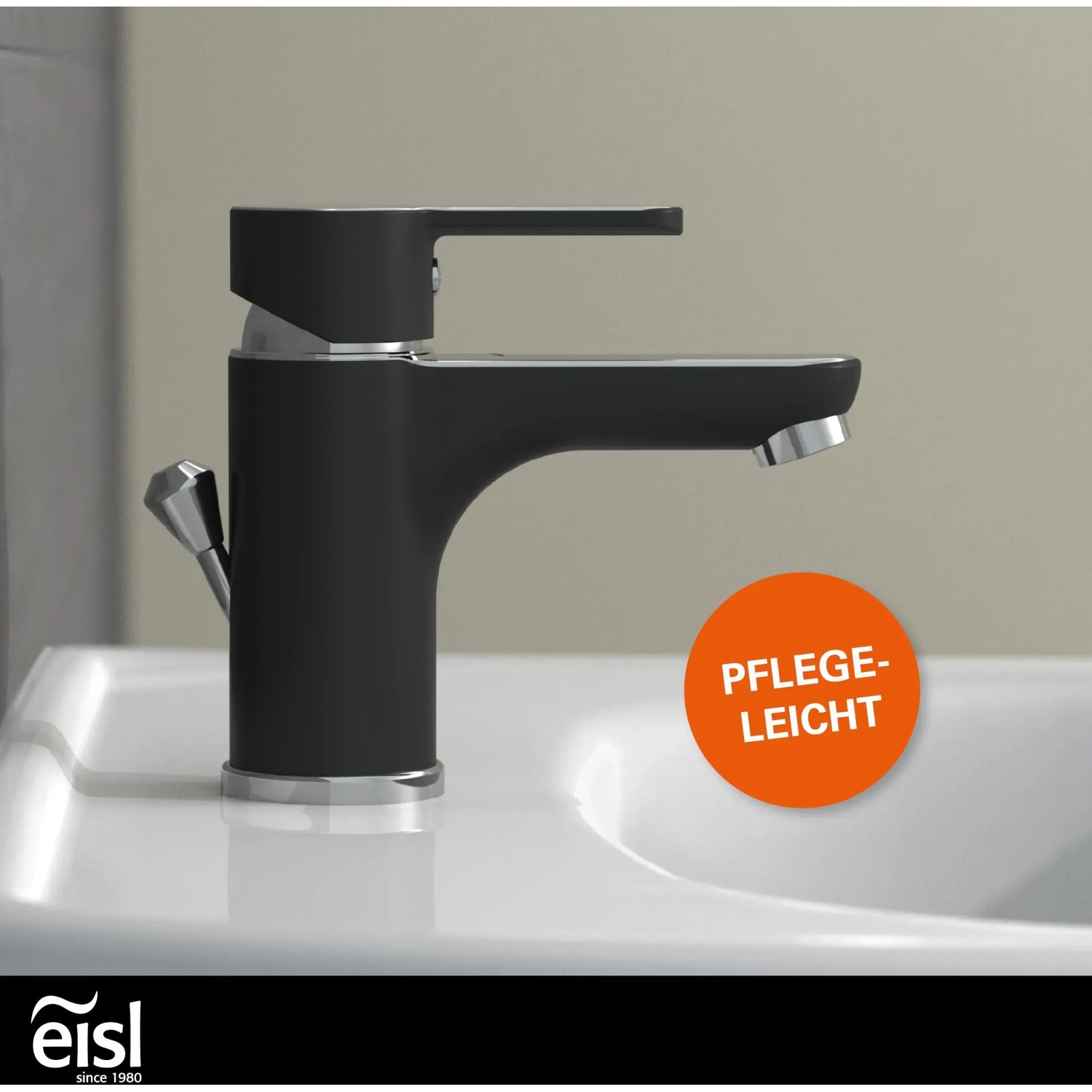 Eisl Waschtischarmatur Diziani in Schwarz-Chrom auf einem Waschbecken.