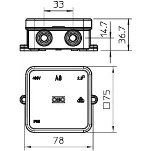 Technische Zeichnung OBO Bettermann Kabelabzweigkasten A8 mit Maßen, 10er-Set für Elektroinstallation.