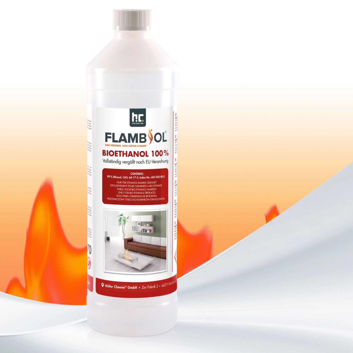 Flasche Flambiol Bioethanol 100% für Edelstahl-Tischkamine, 90 x 1 Liter.