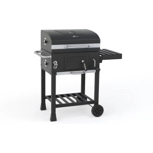 El Fuego Holzkohlegrill Calgary: Schwarzer Grill mit Ablagefläche, Thermometer und Ascheauffangbehälter.