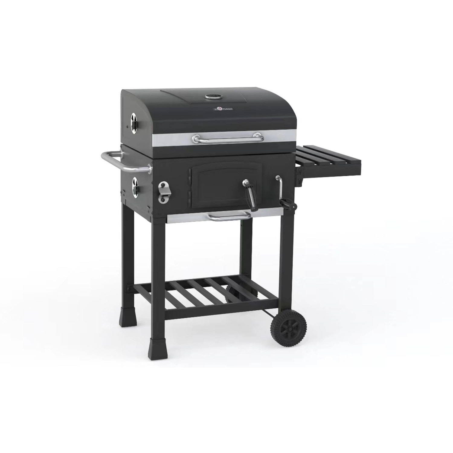 El Fuego Holzkohlegrill Calgary: Schwarzer Grill mit Ablagefläche, Thermometer und Ascheauffangbehälter.