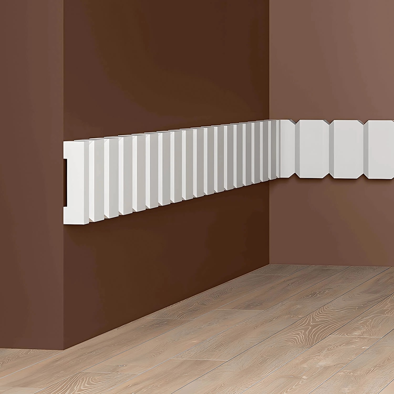 Weiße PROFHOME Wandleisten (6 Stk.) als Friesleiste an brauner Wand.