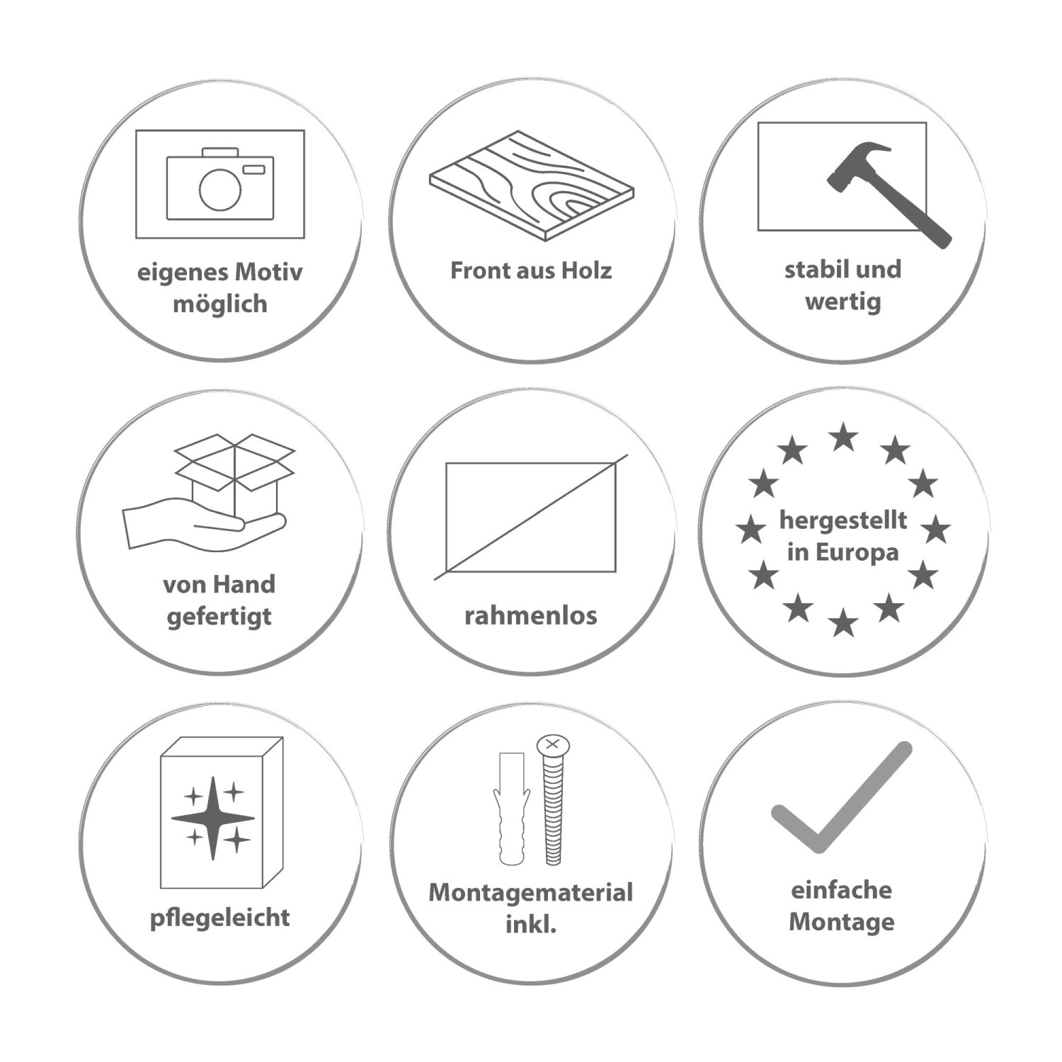 Piktogramme: Eigenschaften des Banjado Schlüsselkastens mit Holzfront (Motiv Herzhände): Individualisierbar, stabil, einfache Montage.