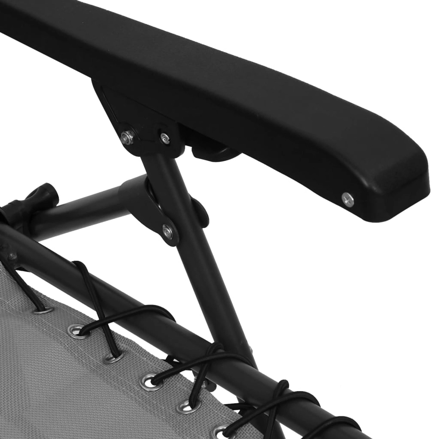 Detailaufnahme: Grauer vidaXL Liegestuhl, klappbar, Textilene, Stahlgestell, Armlehne.