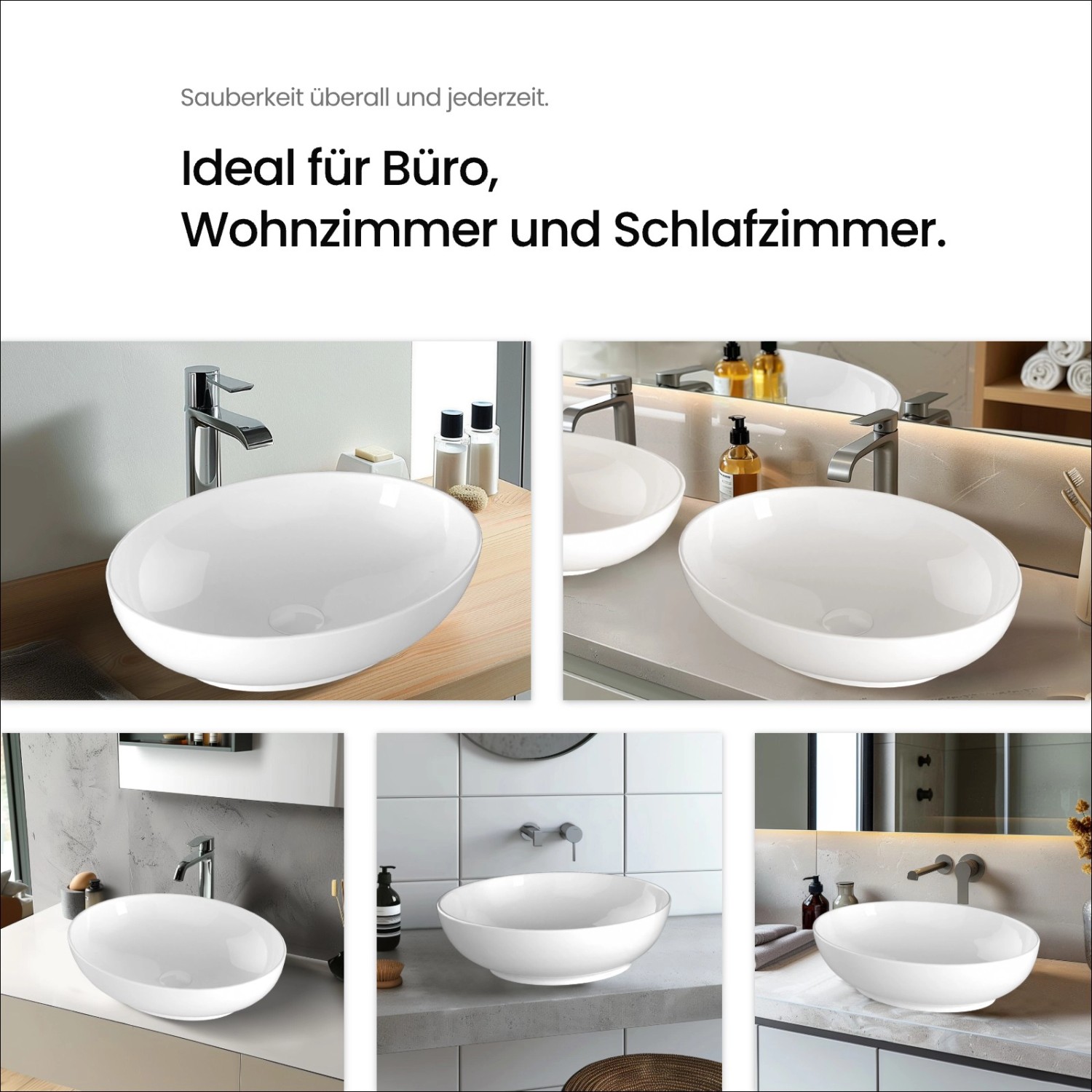 Emke Handwaschbecken, ovales Keramikwaschbecken in Weiß glänzend, verschiedene Montage Beispiele.