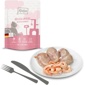 MjAMjAM Katzen-Nassfutter: Garnelen und Hühnchen auf Teller, mit Futterbeutel. Premium Katzenfutter.
