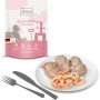 MjAMjAM Katzen-Nassfutter: Garnelen und Hühnchen auf Teller, mit Futterbeutel. Premium Katzenfutter.
