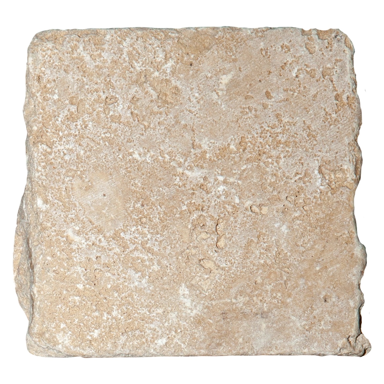 Travertin Pflasterstein Ivory Classic, 10x10x8 cm, allseits gesägt und getrommelt.
