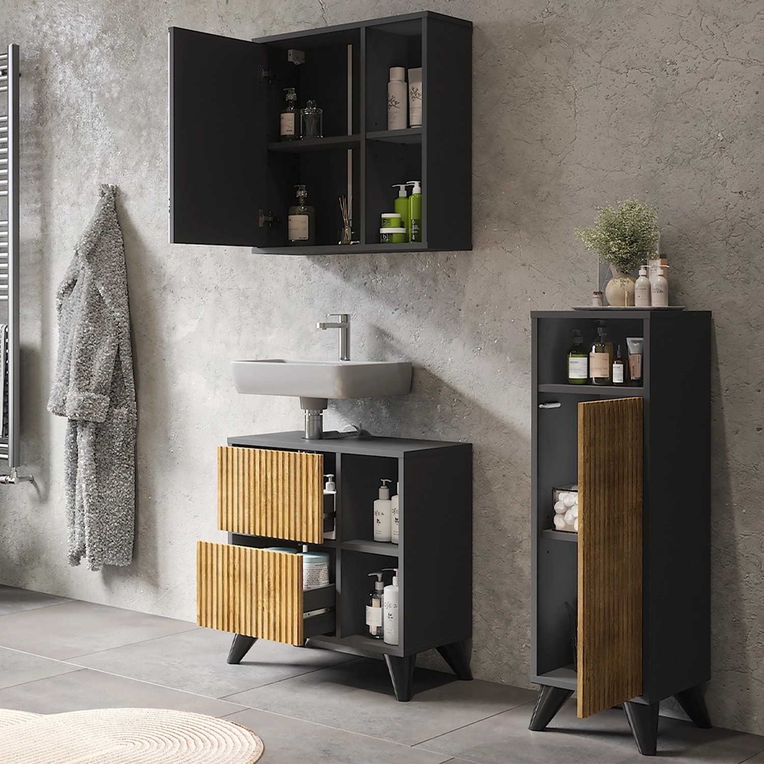 Vicco Badmöbel-Set Leano, 3-teilig in Anthrazit/Bergeiche mit Spiegelschrank, Waschbeckenunterschrank und Midischrank.