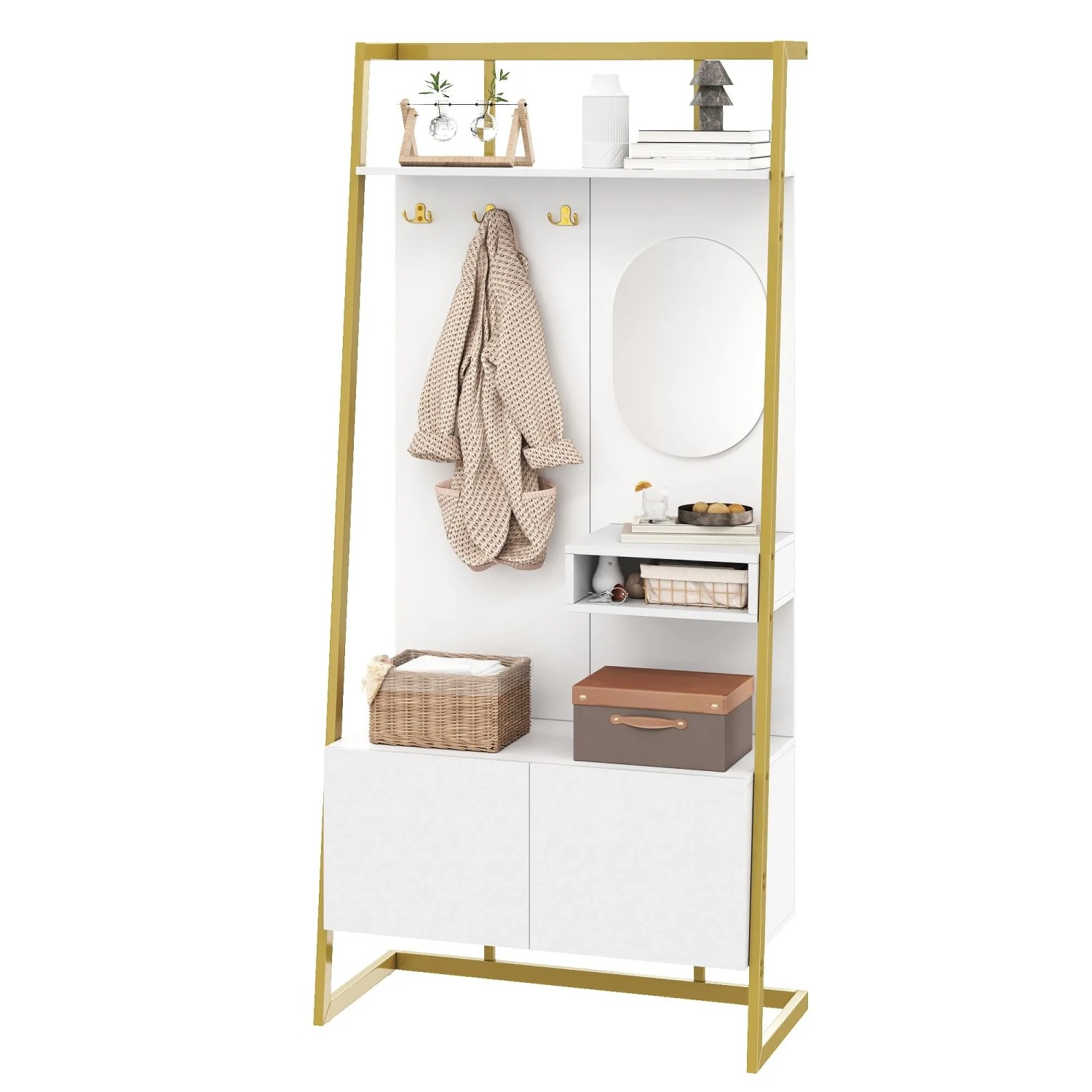 Weißes okwish Garderoben Set mit goldenem Metallrahmen, Spiegel, Haken und Stauraum für den Flur.