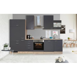 Flex-Well Küchenzeile Morena, 310 cm, Basaltgrau/San Remo Eiche: Einbauküche mit E-Geräten.