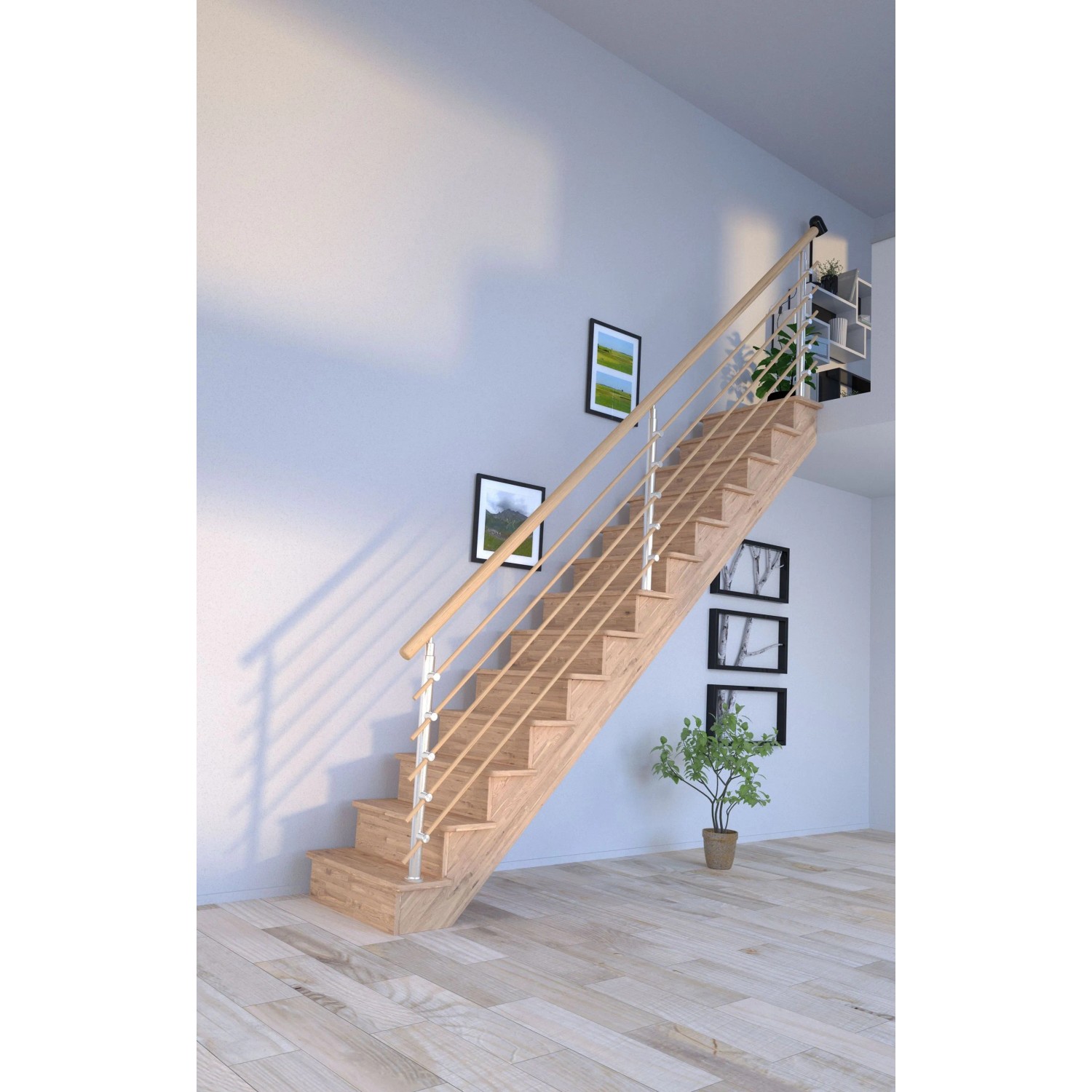 Helle Holztreppe Lindos Eiche mit Design-Geländer und Setzstufen im modernen Wohnraum.