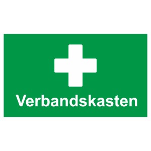 Grünes Warnschild Verbandskasten 25x15cm mit weißem Kreuz und Schriftzug.
