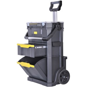 Stanley Werkstattwagen rollend 2-in-1 mit Organizeraufsatz, grau und gelb.