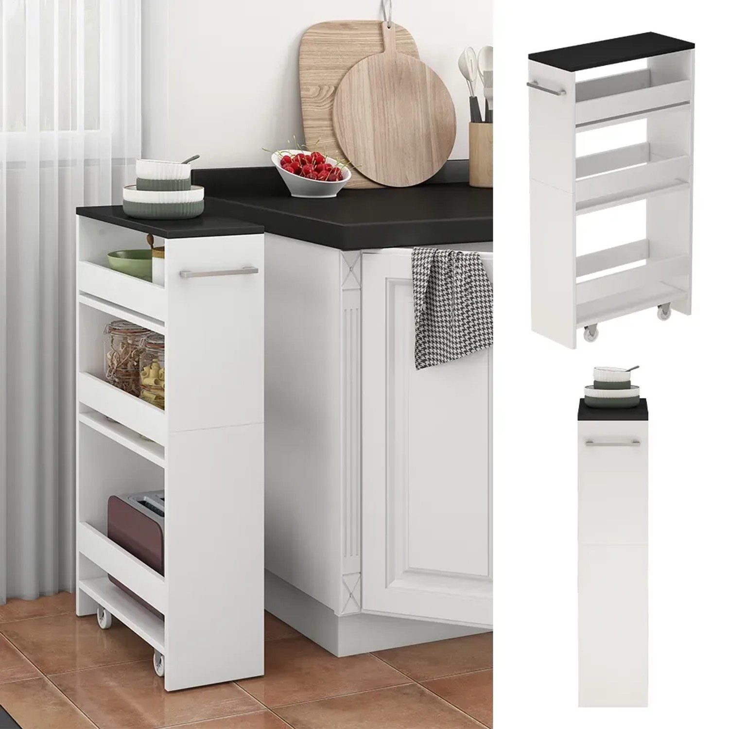 Vicco Rollregal Rivo, weiß/anthrazit, 20x85 cm, Küchenschrank mit 3 Fächern und Rollen.