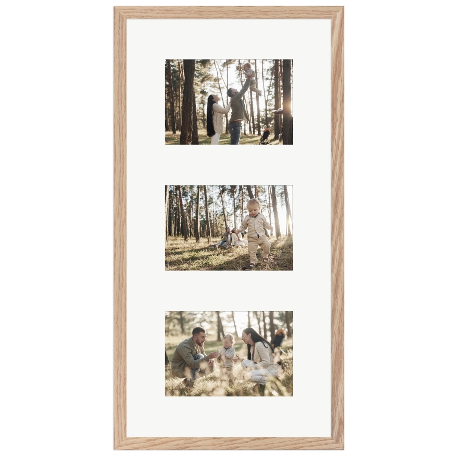 Galerierahmen in Eiche-Optik für 3 Fotos (10x15 cm). Holzrahmen für Wandmontage, ideal für Familienfotos.