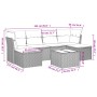 Braune 7-tlg. vidaXL Garten-Sofagarnitur aus Poly Rattan mit cremeweißen Kissen und Glas-Tischplatte.