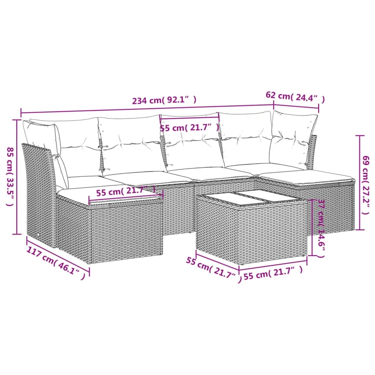Braune 7-tlg. vidaXL Garten-Sofagarnitur aus Poly Rattan mit cremeweißen Kissen und Glas-Tischplatte.