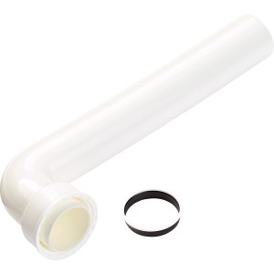 Weißer 90° WC-Anschlussbogen aus Kunststoff mit Dichtung für die Verbindung von WC und Abwasserrohr.