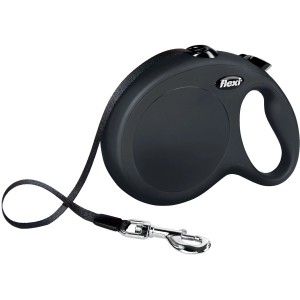 Schwarze Flexi Gurt-Roll-Leine New Classic, Größe L, 8 m. Hundeleine mit Bremssystem und ergonomischem Griff.