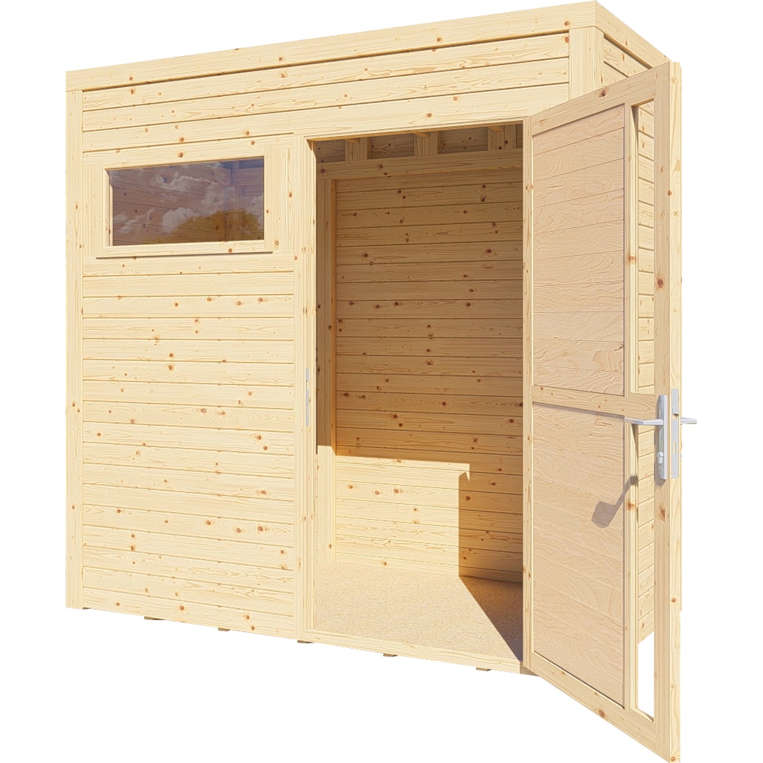 Bertilo Holz-Gartenhaus Cubus 1 aus Fichte mit Fenster und offener Doppeltür.