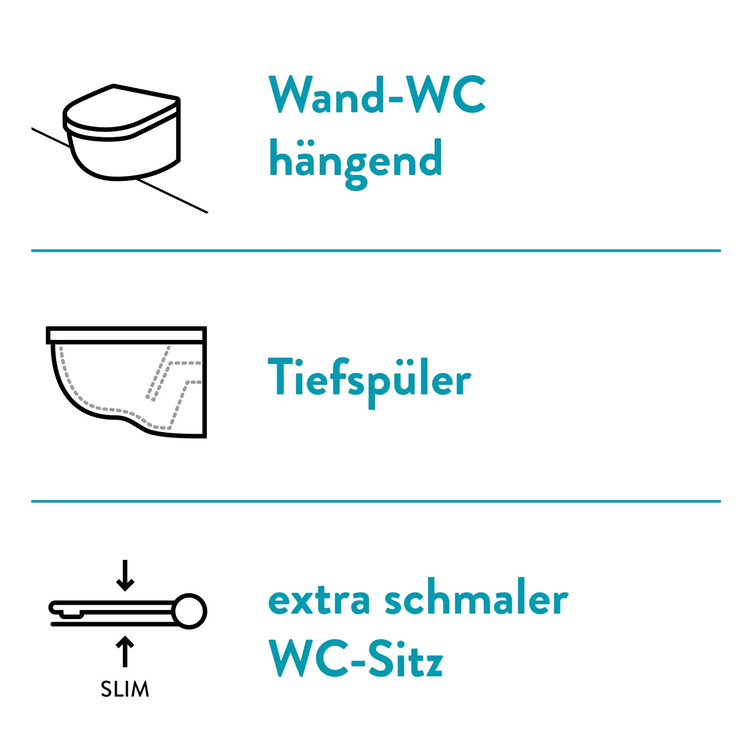 Icons zu Wand-WC, Tiefspüler und extra schmalem WC-Sitz des baliv Davenport Wand WC-Sets.