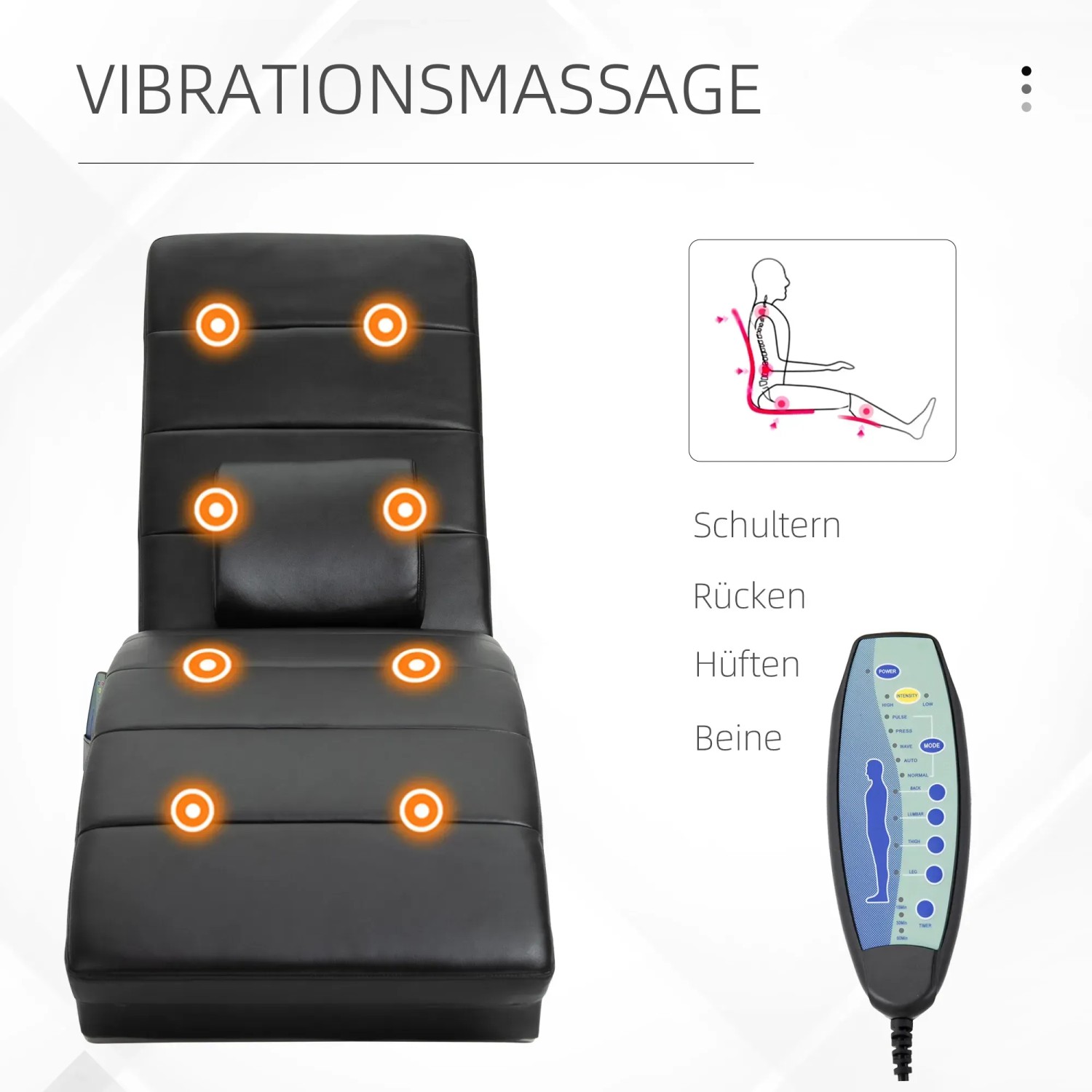 Schwarze HOMCOM Relaxliege mit Massagefunktion und Fernbedienung.