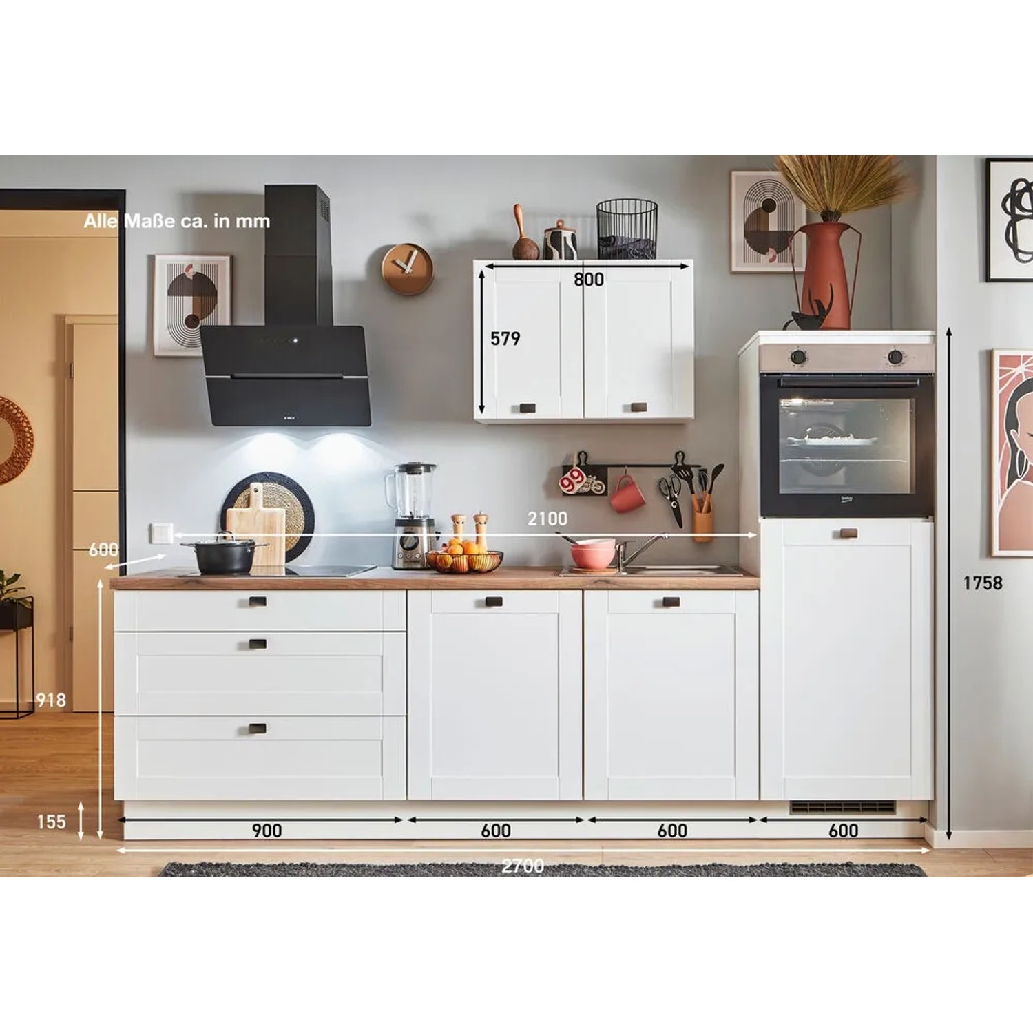 pino Küchenzeile 270 cm, Weiß matt mit Geräteschrank rechts. Einbauküche mit E-Geräten.