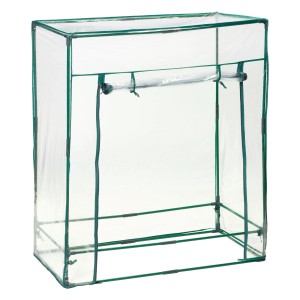 Tomaten-Gewächshaus mit Stahlrohrrahmen und transparenter PVC-Folie.