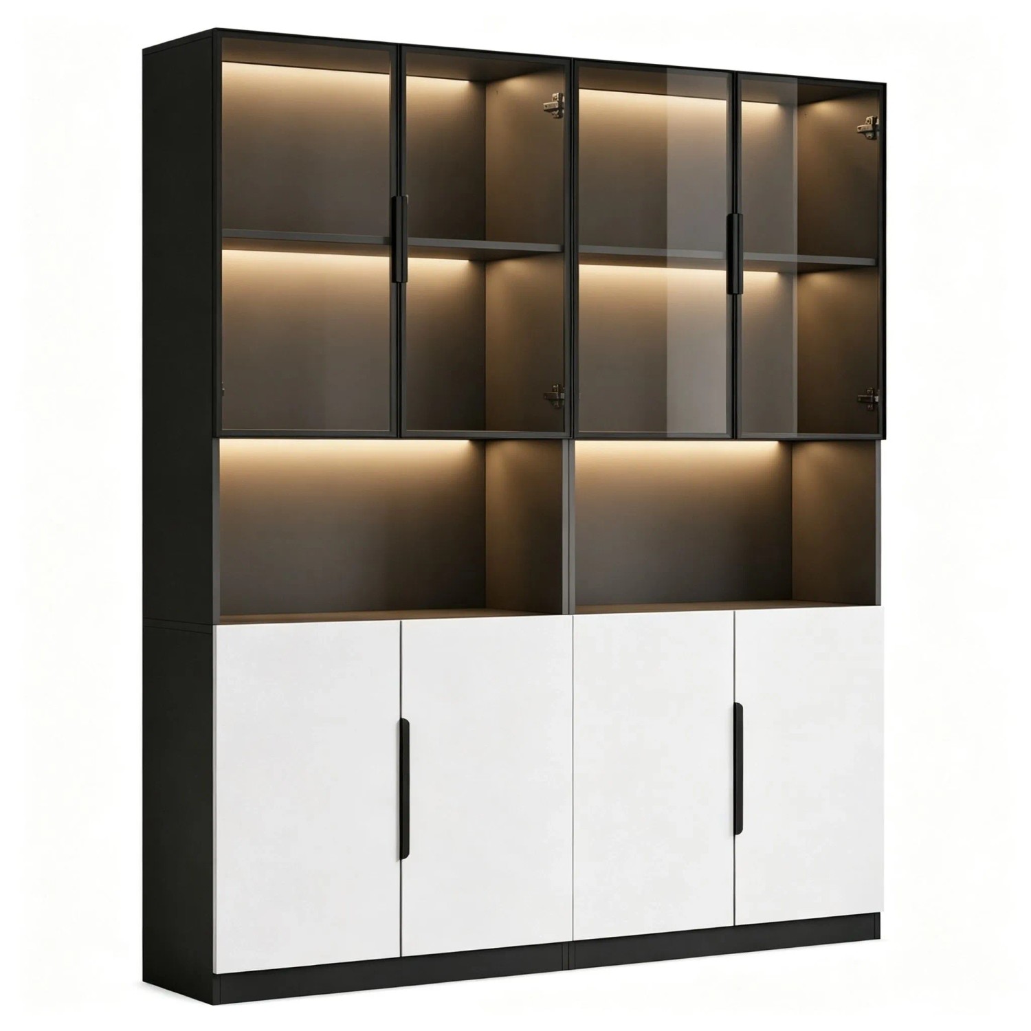 okwish Vitrine mit Glastüren und LED Beleuchtung Wohnzimmer 30x160x200cm Weiß