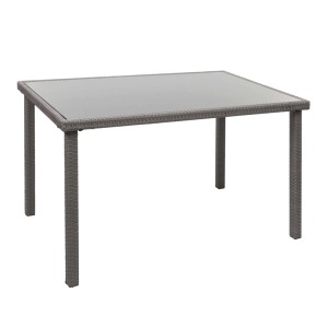 Grauer MCW Poly-Rattan Gartentisch mit rechteckiger Glasplatte. Robustes Flechtwerk für Garten & Esszimmer.