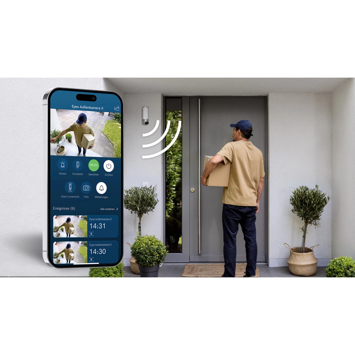 Bosch Eyes II Außenkamera in Silber mit App-Ansicht und Person vor Haustür.