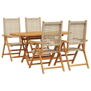 5-tlg. Garten-Essgruppe aus Akazienholz und Rattan, beige. Gartentisch mit vier Stühlen.