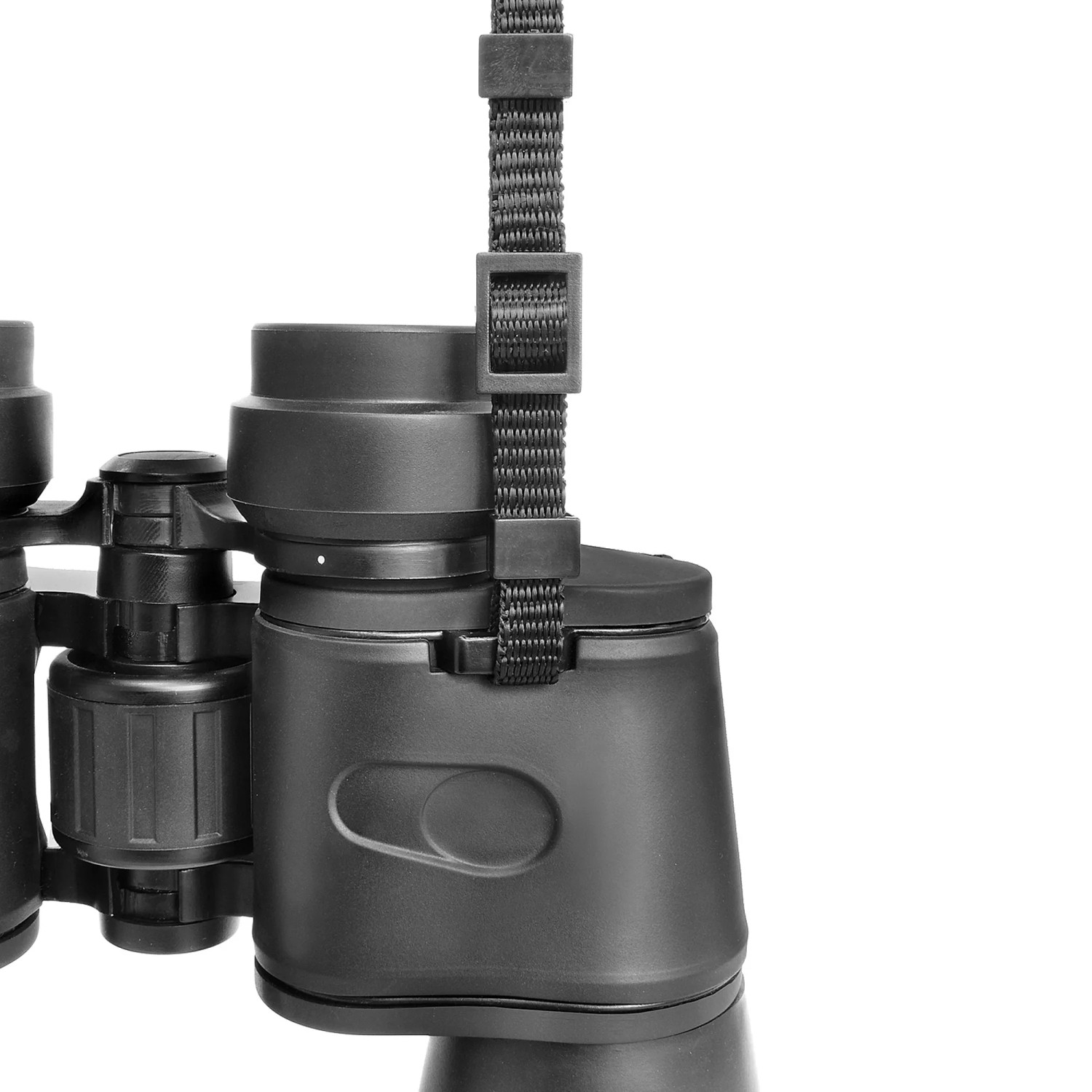 Schwarzes Bresser Hunter 10x50 Fernglas mit Trageriemen, Detailaufnahme.