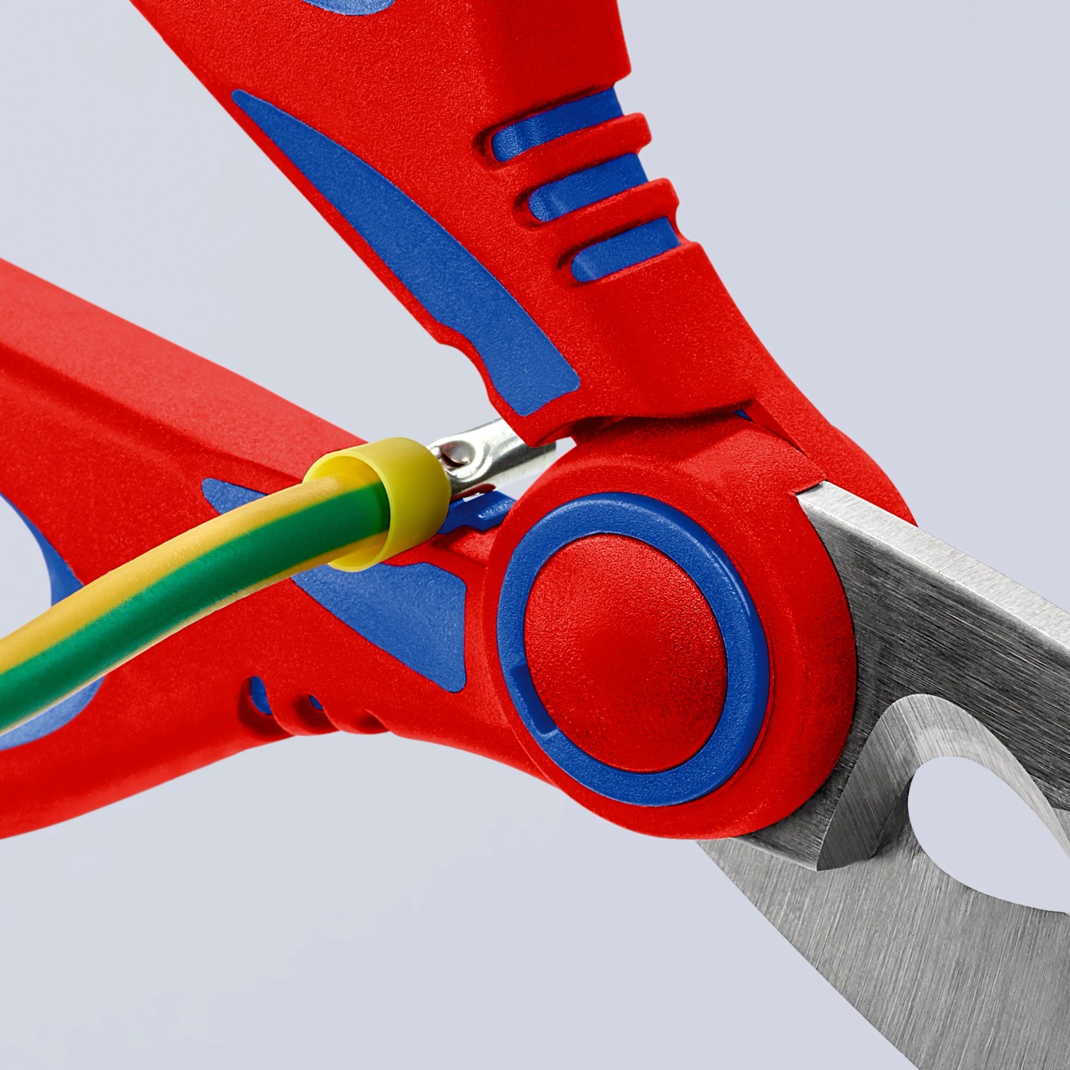 Knipex Elektrikerschere 160mm schneidet Kabel. Rot-blaue Griffe, Stahlklingen.