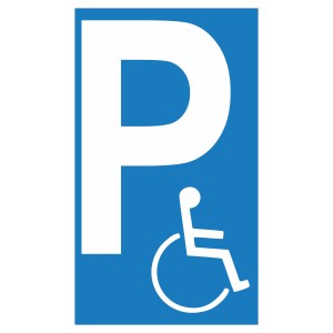 Blaues Hinweisschild für Behindertenparkplatz, 25x15 cm, mit Rollstuhl-Symbol.