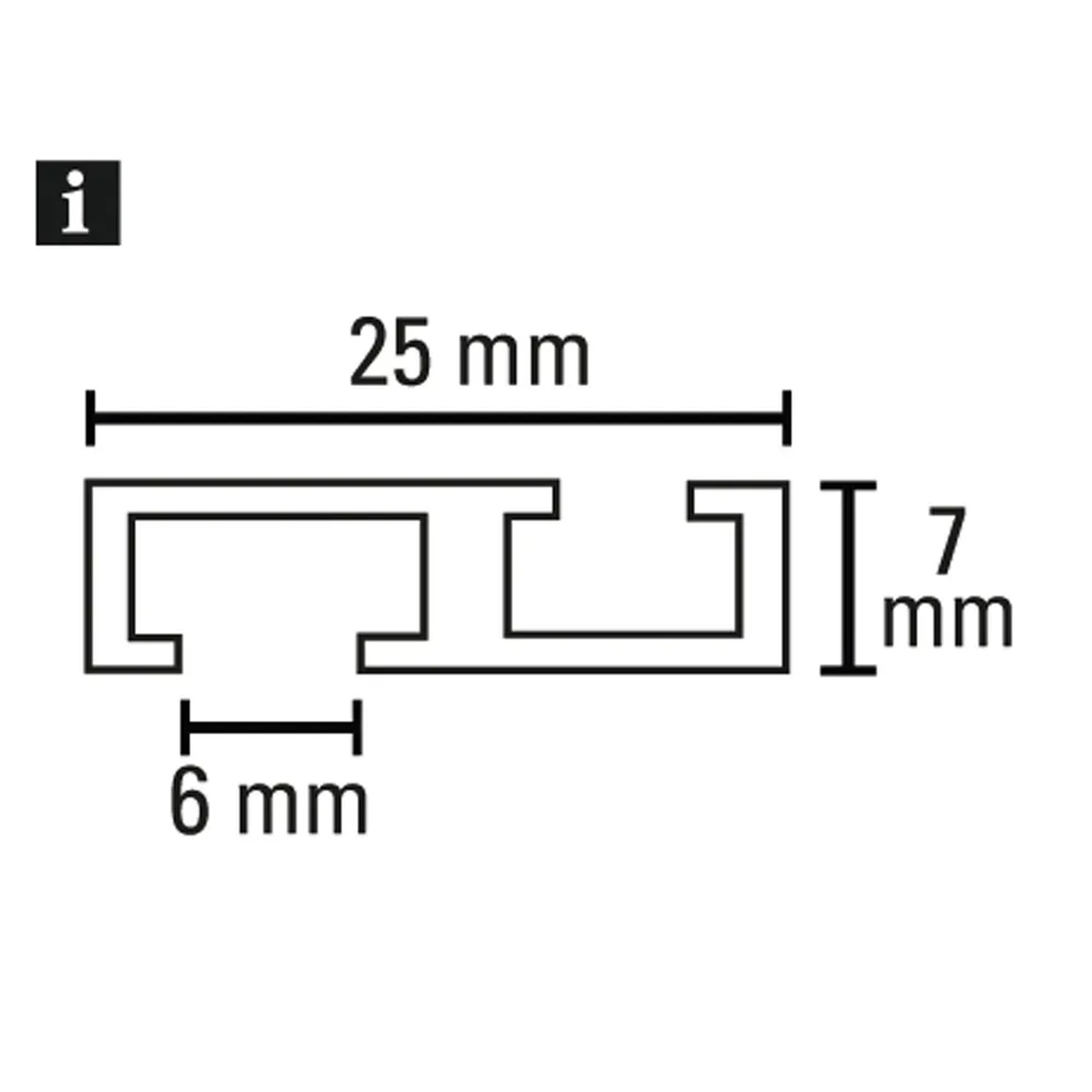 Querschnitt der weißen Gardinia Aluminium Vorhangschiene (1-läufig) mit Maßangaben.