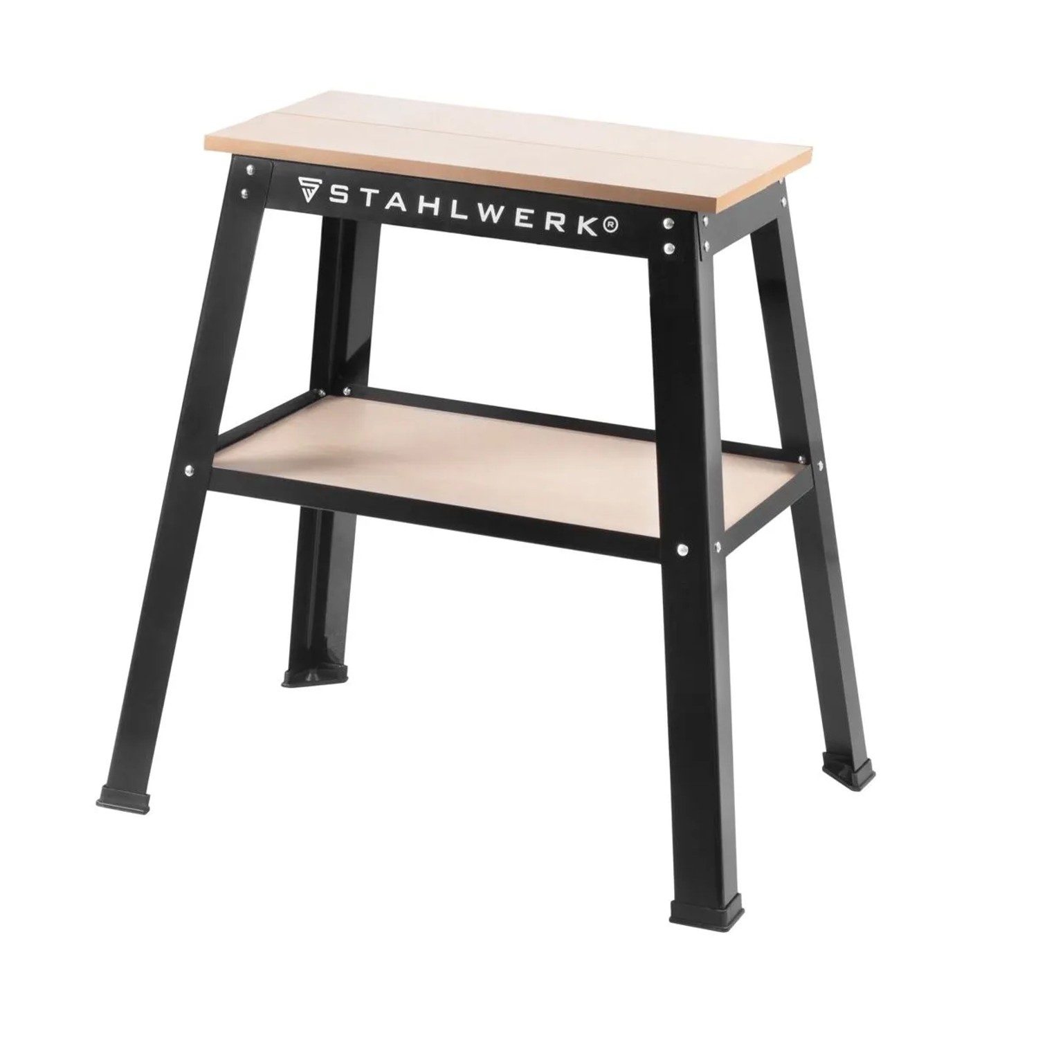 STAHLWERK Universal Maschinenständer: schwarzer Stahlrahmen, helle Holzplatte, Ablagefach. Robuster Maschinentisch für Werkstatt.