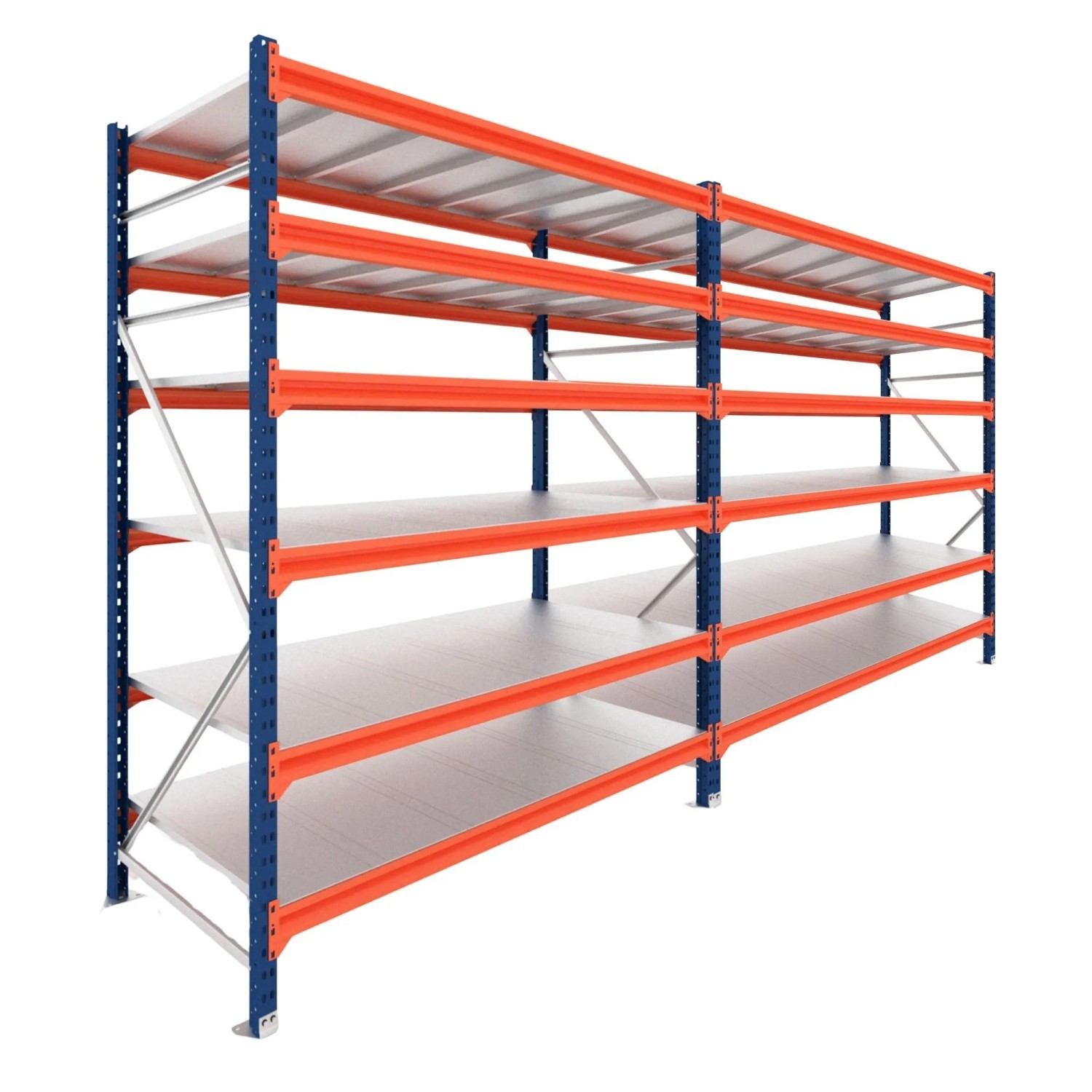 PROREGAL Weitspannregal Schwerlastregal DOMINUS Grundregal 200x150x100cm 6 Ebenen Stahlplatten-Fachboden Fachlast 500 kg Blau/Orange