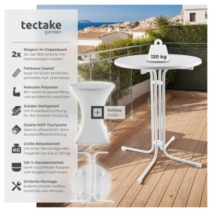 Weißer, klappbarer Tectake Stehtisch Eren mit Husse, 90x110 cm, für Garten und Events.