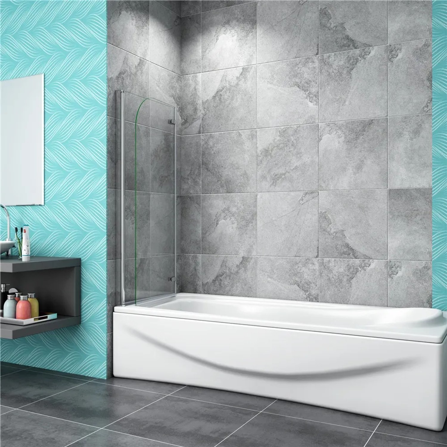 AICA Badewannenfaltwand aus Glas, 100x140cm, als Duschabtrennung auf einer weißen Badewanne.